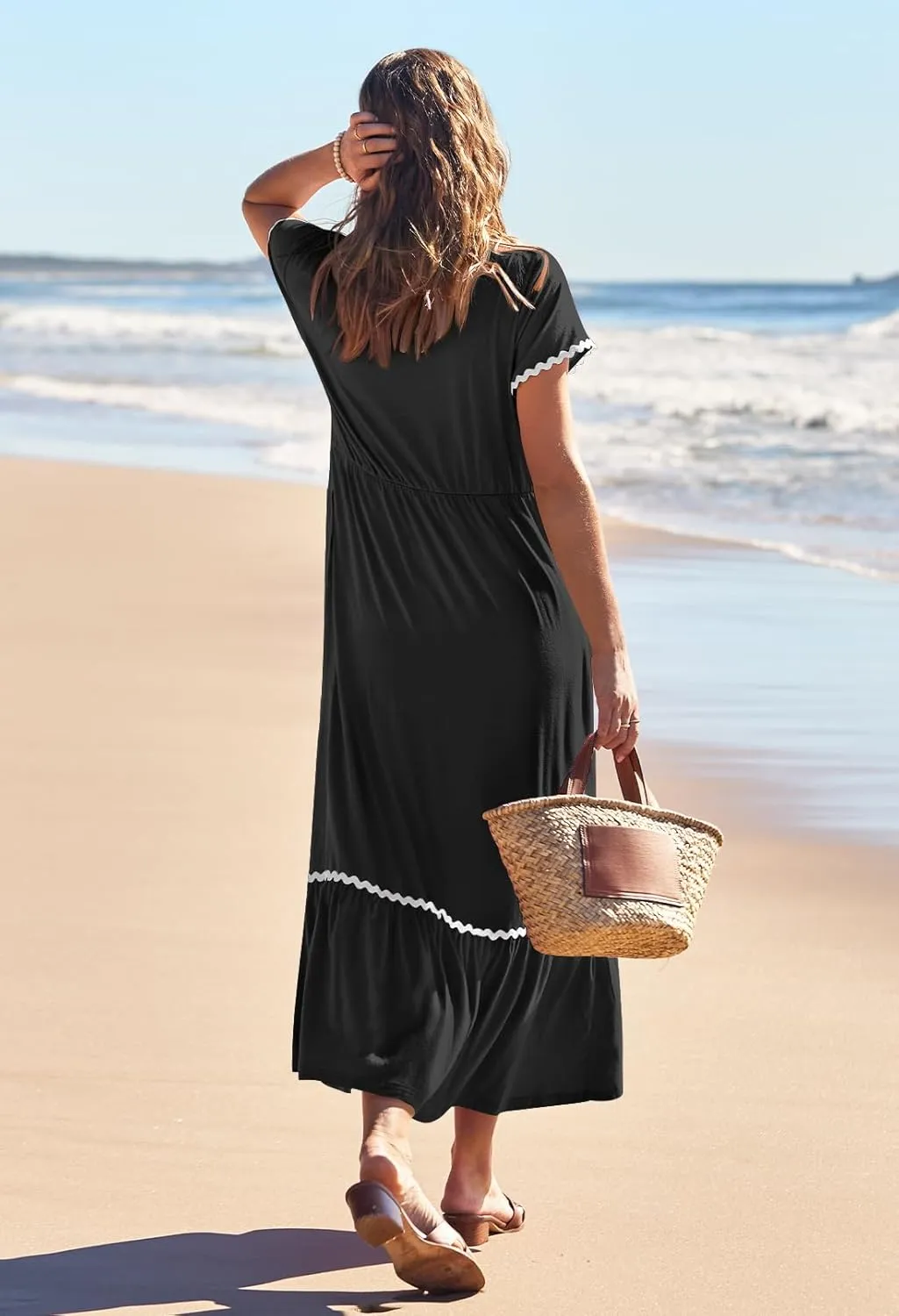 MEROKEETY Women's Summer Cap Sleeve Maxi Dresses Casual Crew Neck Flowy Tiered Beach Dress with Pockets