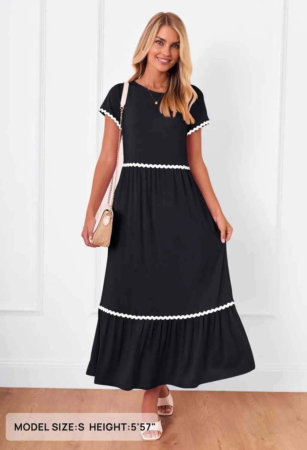 MEROKEETY Women's Summer Cap Sleeve Maxi Dresses Casual Crew Neck Flowy Tiered Beach Dress with Pockets