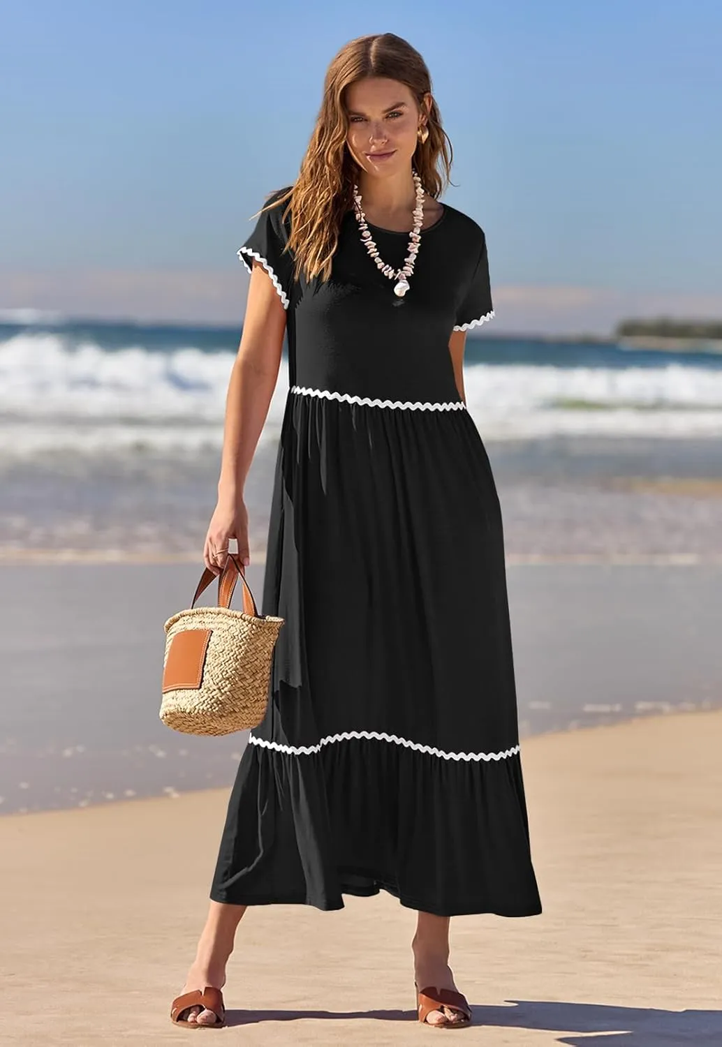 MEROKEETY Women's Summer Cap Sleeve Maxi Dresses Casual Crew Neck Flowy Tiered Beach Dress with Pockets