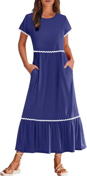 MEROKEETY Women's Summer Cap Sleeve Maxi Dresses Casual Crew Neck Flowy Tiered Beach Dress with Pockets
