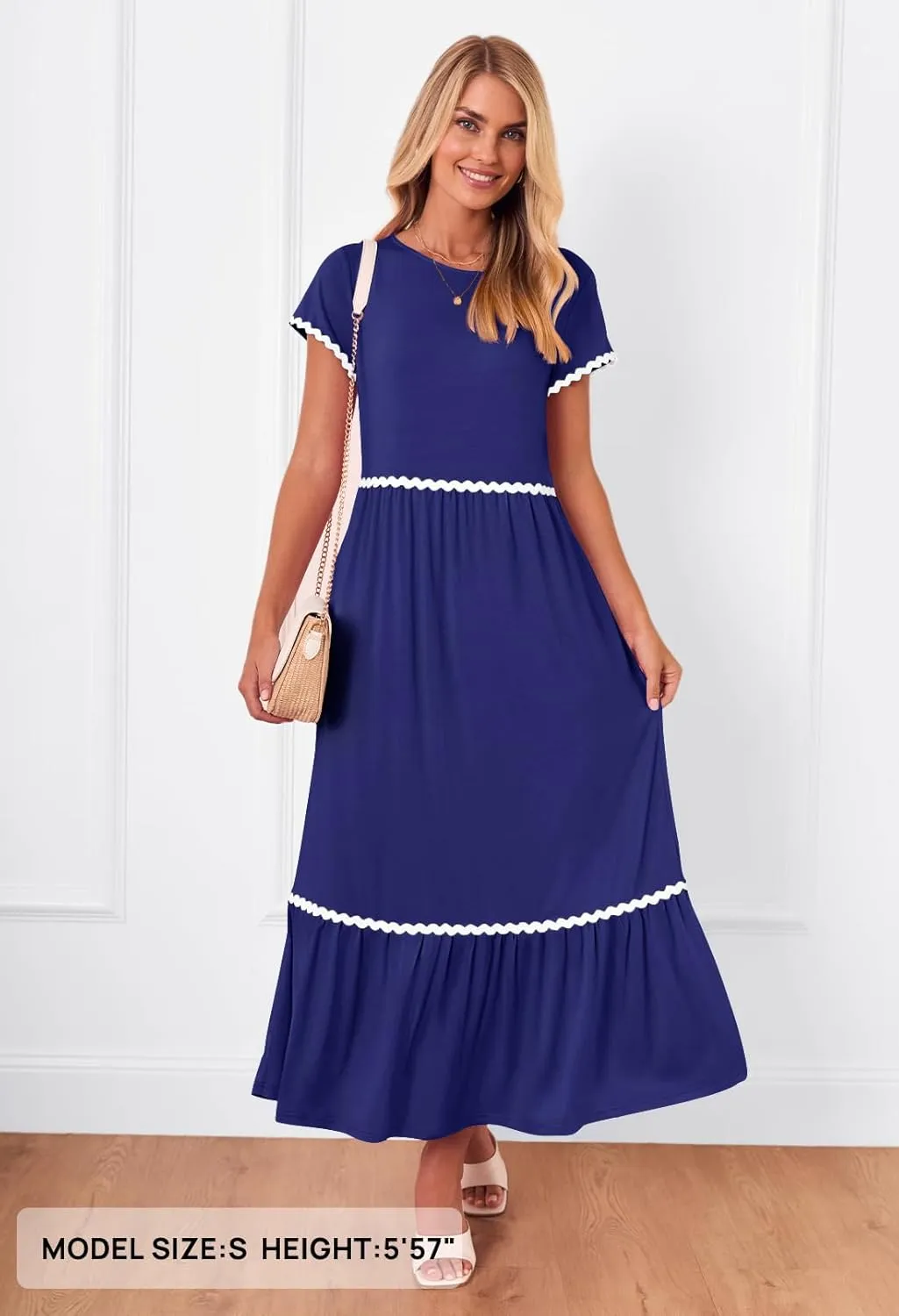 MEROKEETY Women's Summer Cap Sleeve Maxi Dresses Casual Crew Neck Flowy Tiered Beach Dress with Pockets