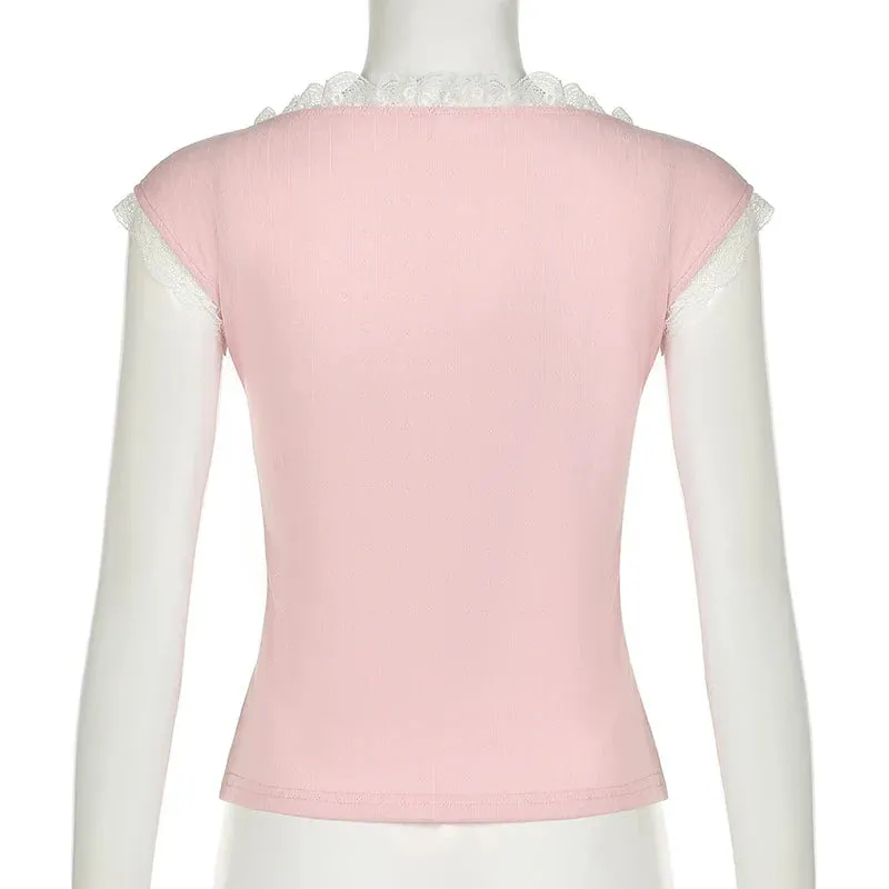 Metaversmall Korean Fashion Sweet Pink Women T-shirts Y2K Lace Patchwork Bow Slim Girms Top Square Neck Cutecore Coquette Clothes