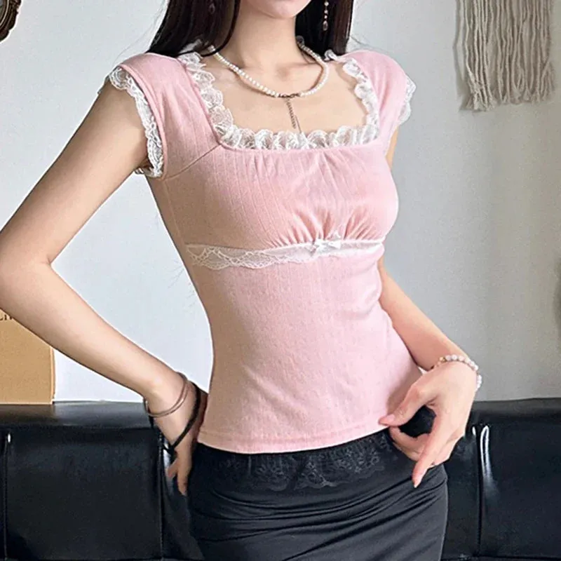 Metaversmall Korean Fashion Sweet Pink Women T-shirts Y2K Lace Patchwork Bow Slim Girms Top Square Neck Cutecore Coquette Clothes