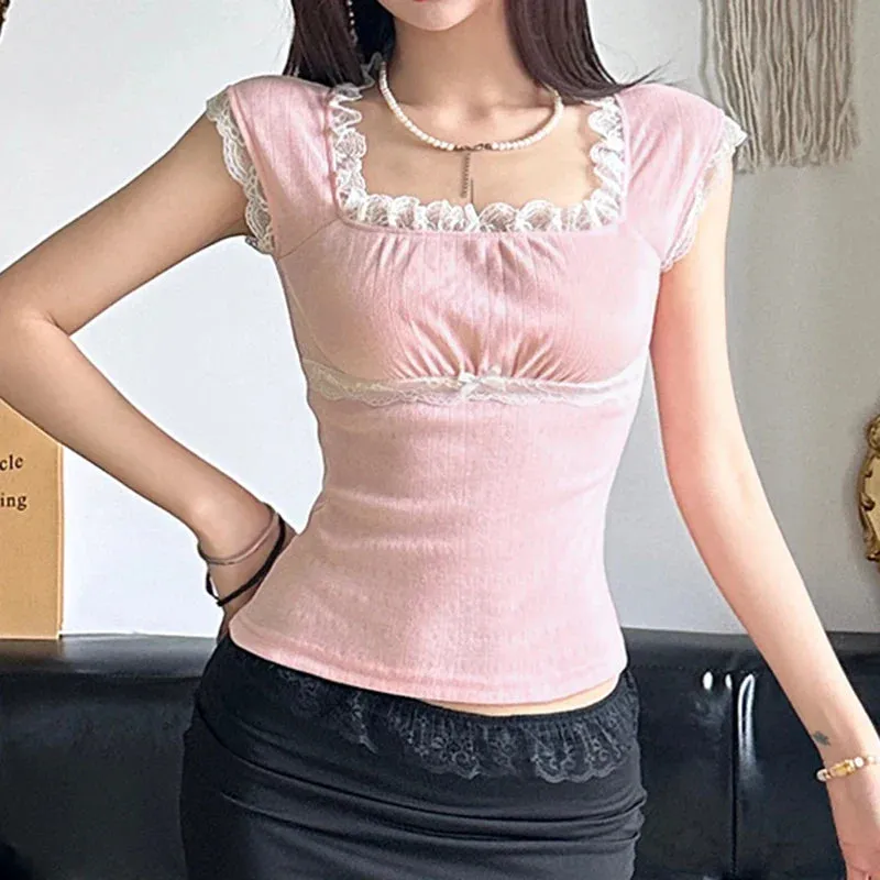 Metaversmall Korean Fashion Sweet Pink Women T-shirts Y2K Lace Patchwork Bow Slim Girms Top Square Neck Cutecore Coquette Clothes