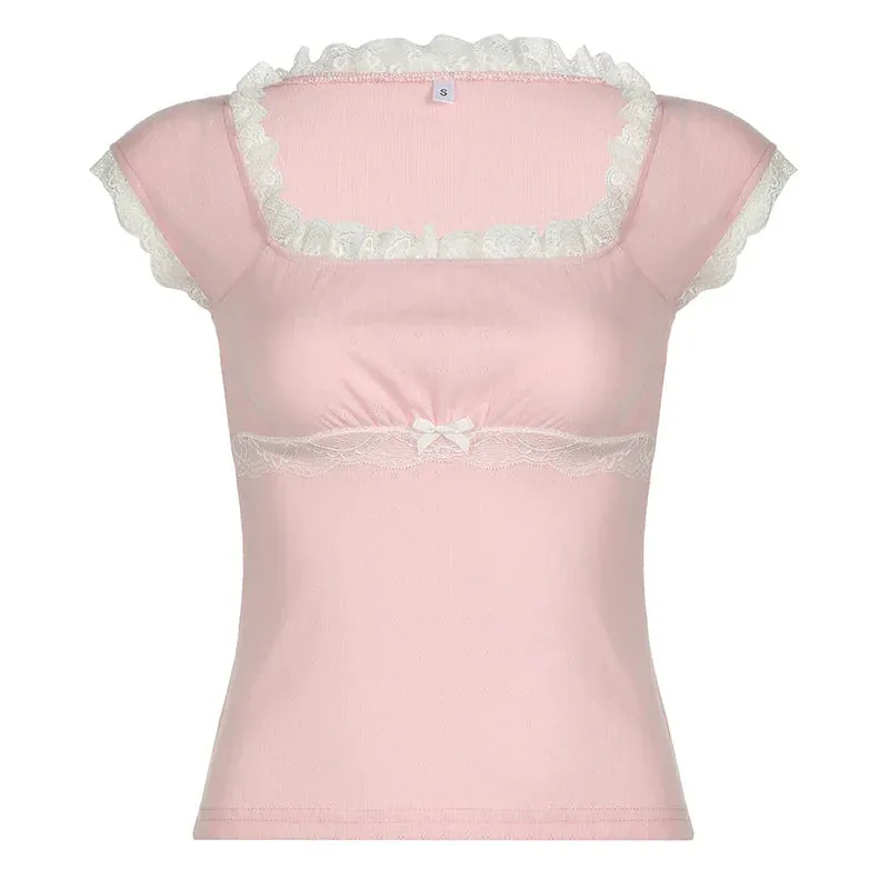 Metaversmall Korean Fashion Sweet Pink Women T-shirts Y2K Lace Patchwork Bow Slim Girms Top Square Neck Cutecore Coquette Clothes