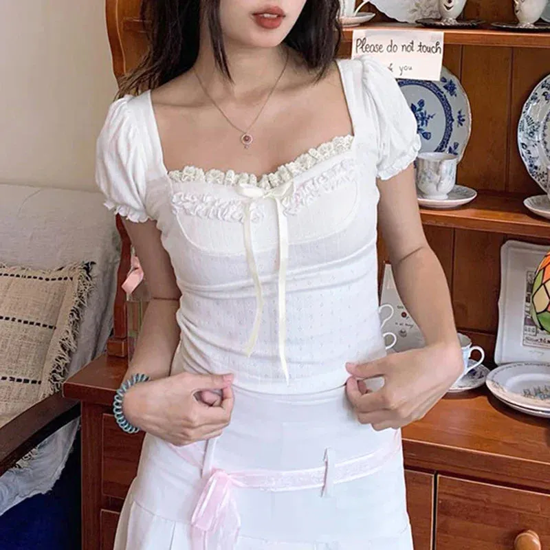 Metaversmall Sweet Pink Lace Trim Ruched Summer T shirt Women Bow Cutecore Korean Fashion Cropped Top Solid Square Neck Korean Tee