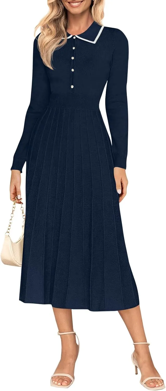 MIROL Women's Pleated Contrast Sweater Dress 2025 Fall Long Sleeve Button Lapel Collar Maxi Bodycon Dress