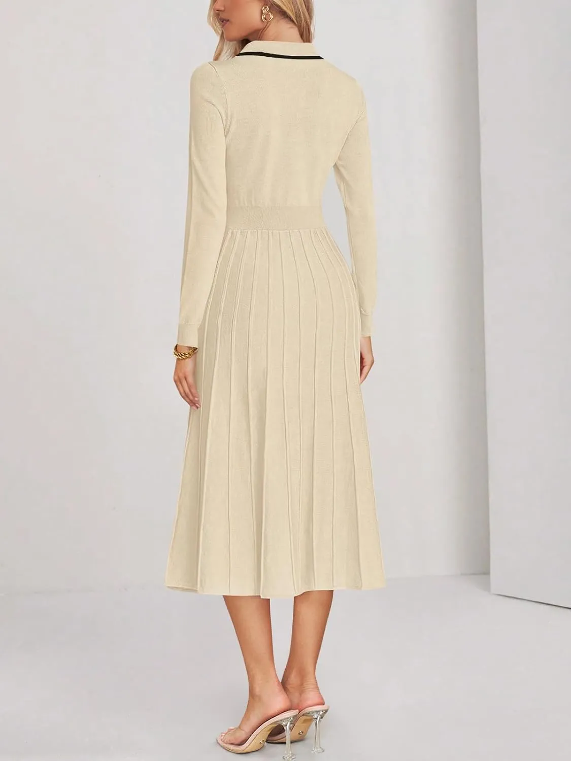 MIROL Women's Pleated Contrast Sweater Dress 2025 Fall Long Sleeve Button Lapel Collar Maxi Bodycon Dress