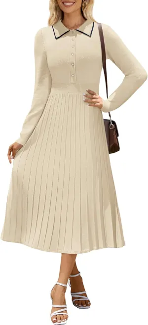 MIROL Women's Pleated Contrast Sweater Dress 2025 Fall Long Sleeve Button Lapel Collar Maxi Bodycon Dress