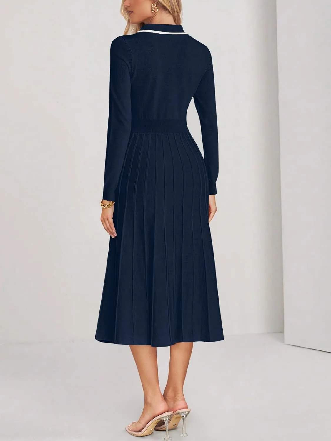 MIROL Women's Pleated Contrast Sweater Dress 2025 Fall Long Sleeve Button Lapel Collar Maxi Bodycon Dress
