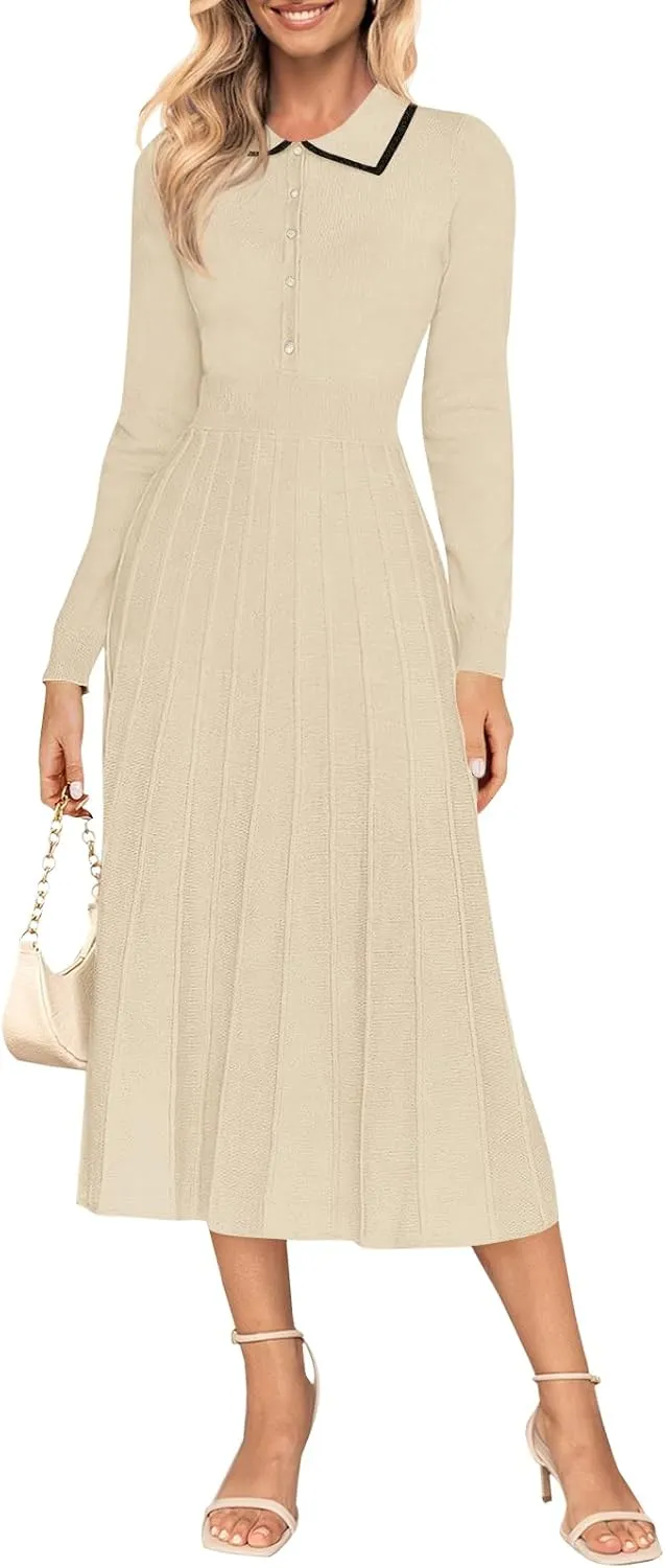 MIROL Women's Pleated Contrast Sweater Dress 2025 Fall Long Sleeve Button Lapel Collar Maxi Bodycon Dress
