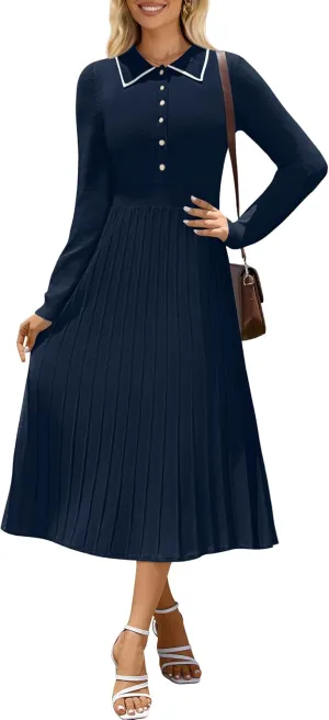 MIROL Women's Pleated Contrast Sweater Dress 2025 Fall Long Sleeve Button Lapel Collar Maxi Bodycon Dress