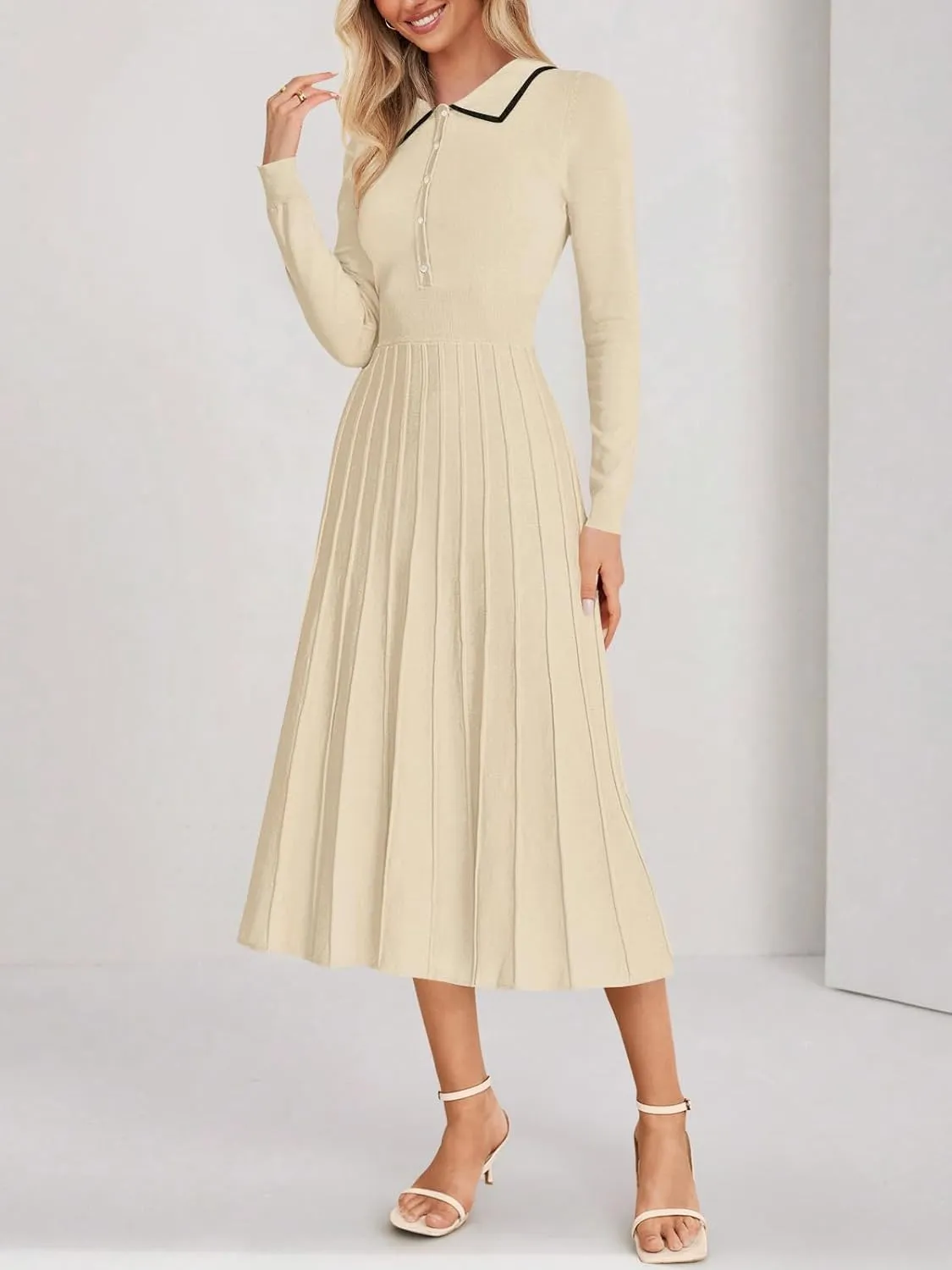 MIROL Women's Pleated Contrast Sweater Dress 2025 Fall Long Sleeve Button Lapel Collar Maxi Bodycon Dress