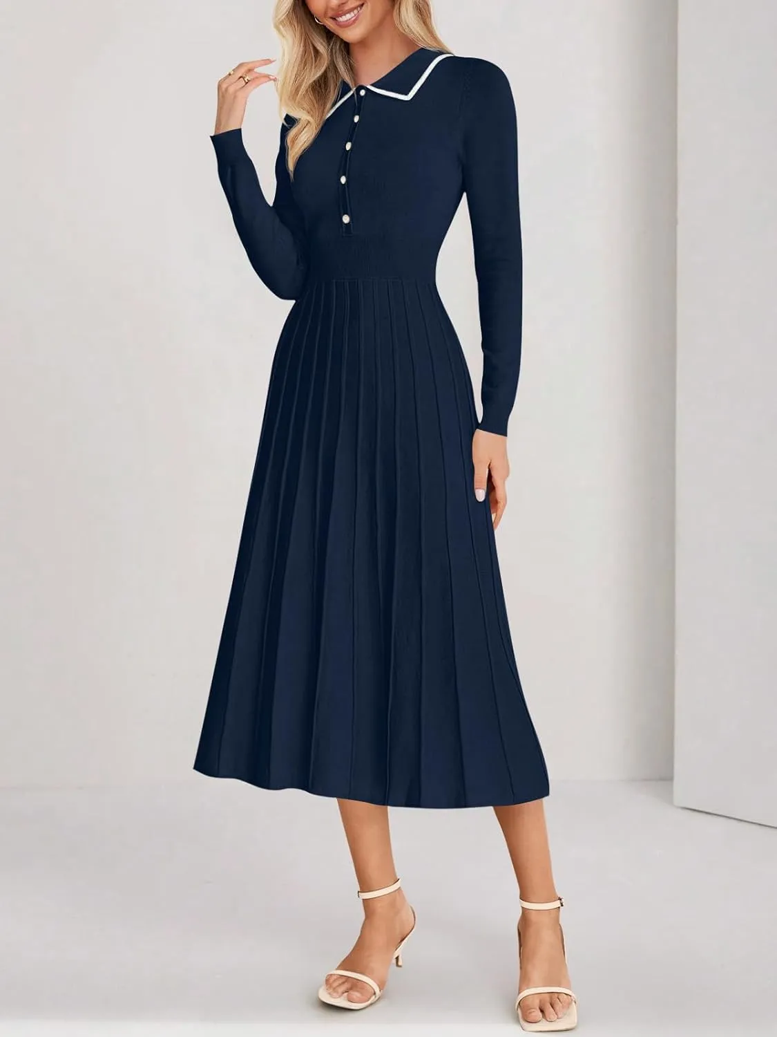 MIROL Women's Pleated Contrast Sweater Dress 2025 Fall Long Sleeve Button Lapel Collar Maxi Bodycon Dress