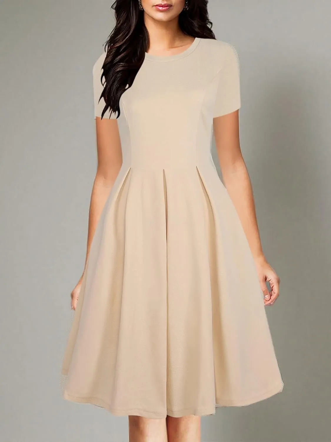 oxiuly Women's Vintage Half Sleeve O-Neck Contrast Casual Pockets Party Swing Dress OX253