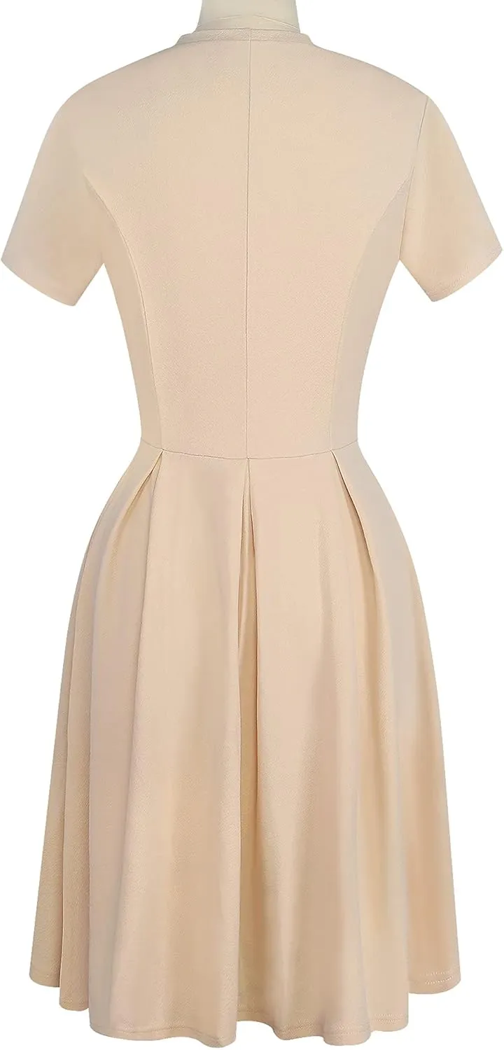 oxiuly Women's Vintage Half Sleeve O-Neck Contrast Casual Pockets Party Swing Dress OX253