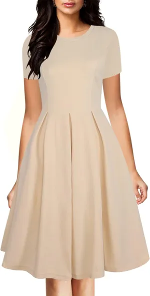 oxiuly Women's Vintage Half Sleeve O-Neck Contrast Casual Pockets Party Swing Dress OX253