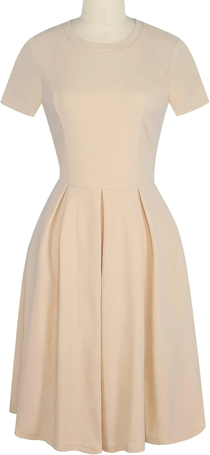 oxiuly Women's Vintage Half Sleeve O-Neck Contrast Casual Pockets Party Swing Dress OX253