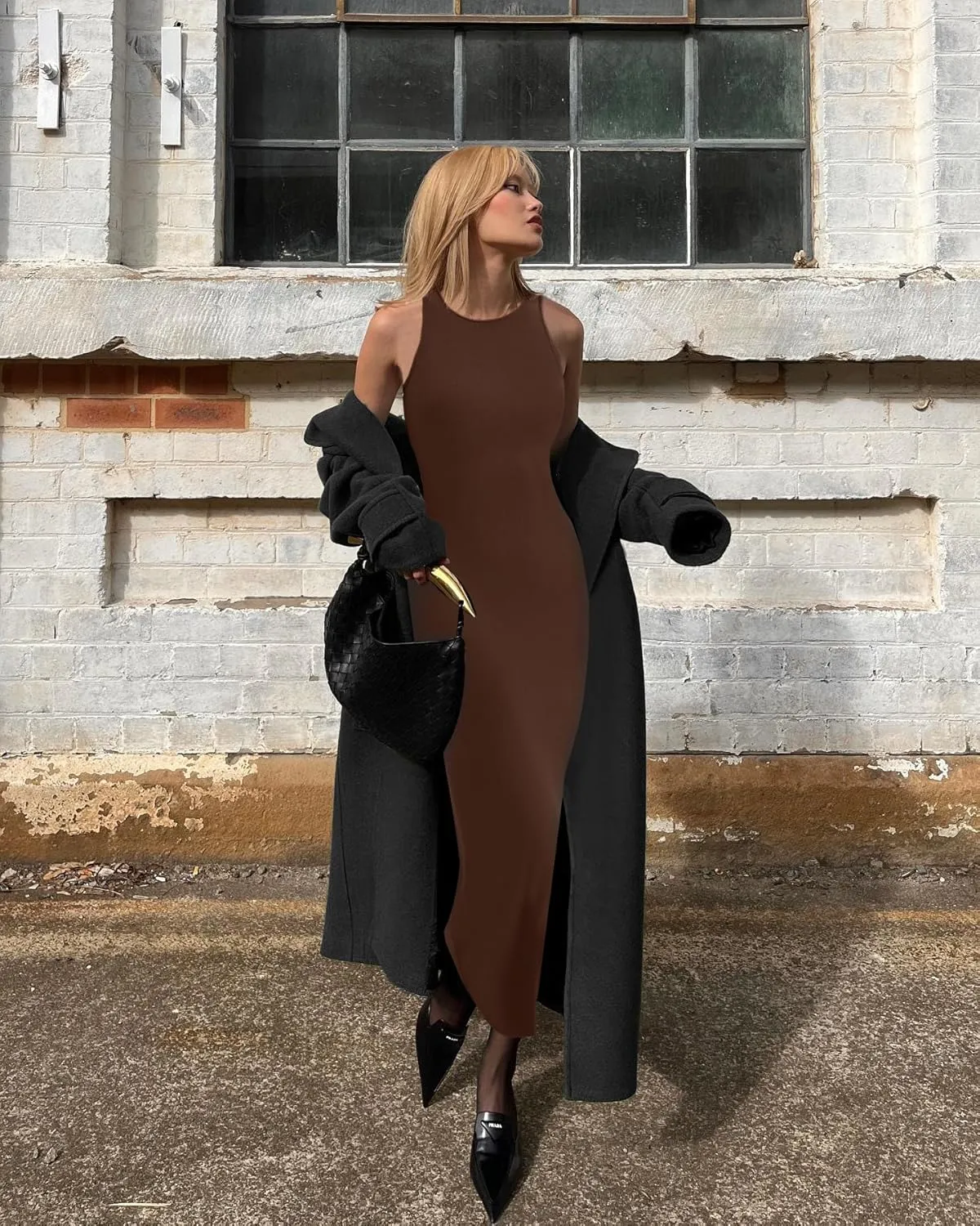 Relety Women's Bodycon Maxi Dresses Ribbed Lounge Tank Long Dresses Elegant Halter Neck Casual Sleeveless Summer Dresses