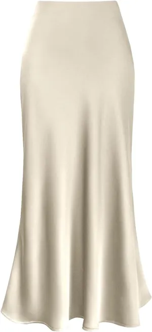 Satin for Women High Waisted Hidden Elasticized Waistband Flared Casual A Line Midi Skirts