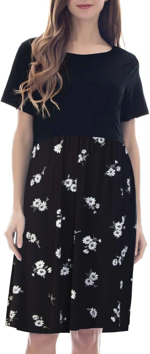 Smallshow Women's Short Sleeve Patchwork Nursing Dresses for Breastfeeding