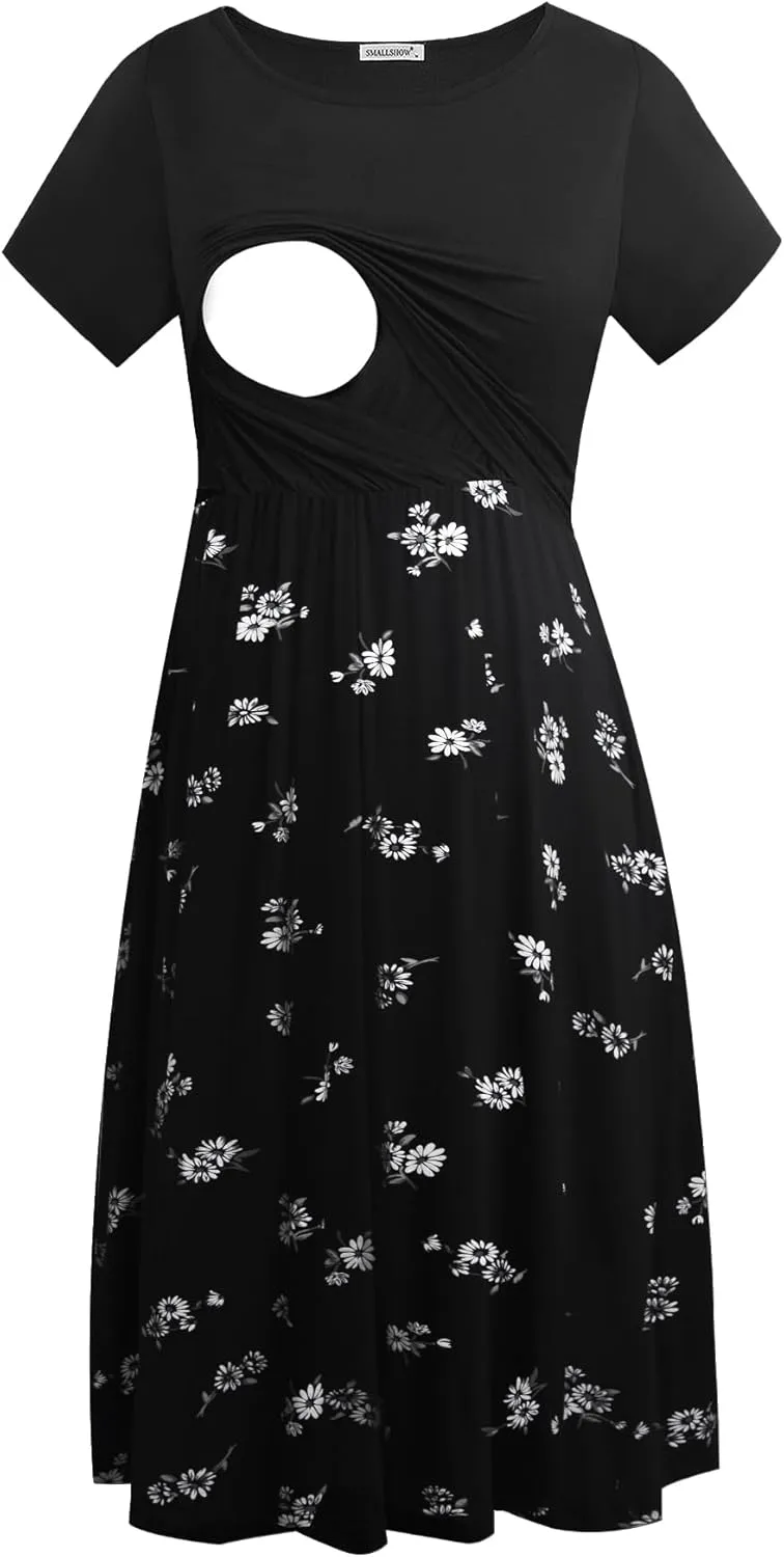 Smallshow Women's Short Sleeve Patchwork Nursing Dresses for Breastfeeding