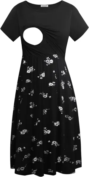 Smallshow Women's Short Sleeve Patchwork Nursing Dresses for Breastfeeding