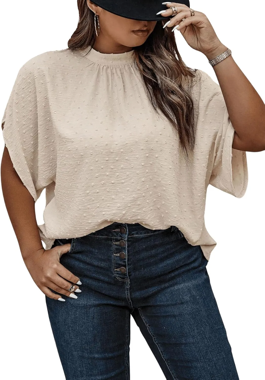 SOLY HUX Women's Plus Size Swiss Dots Blouse Mock Neck Half Sleeve Tie Back Tops