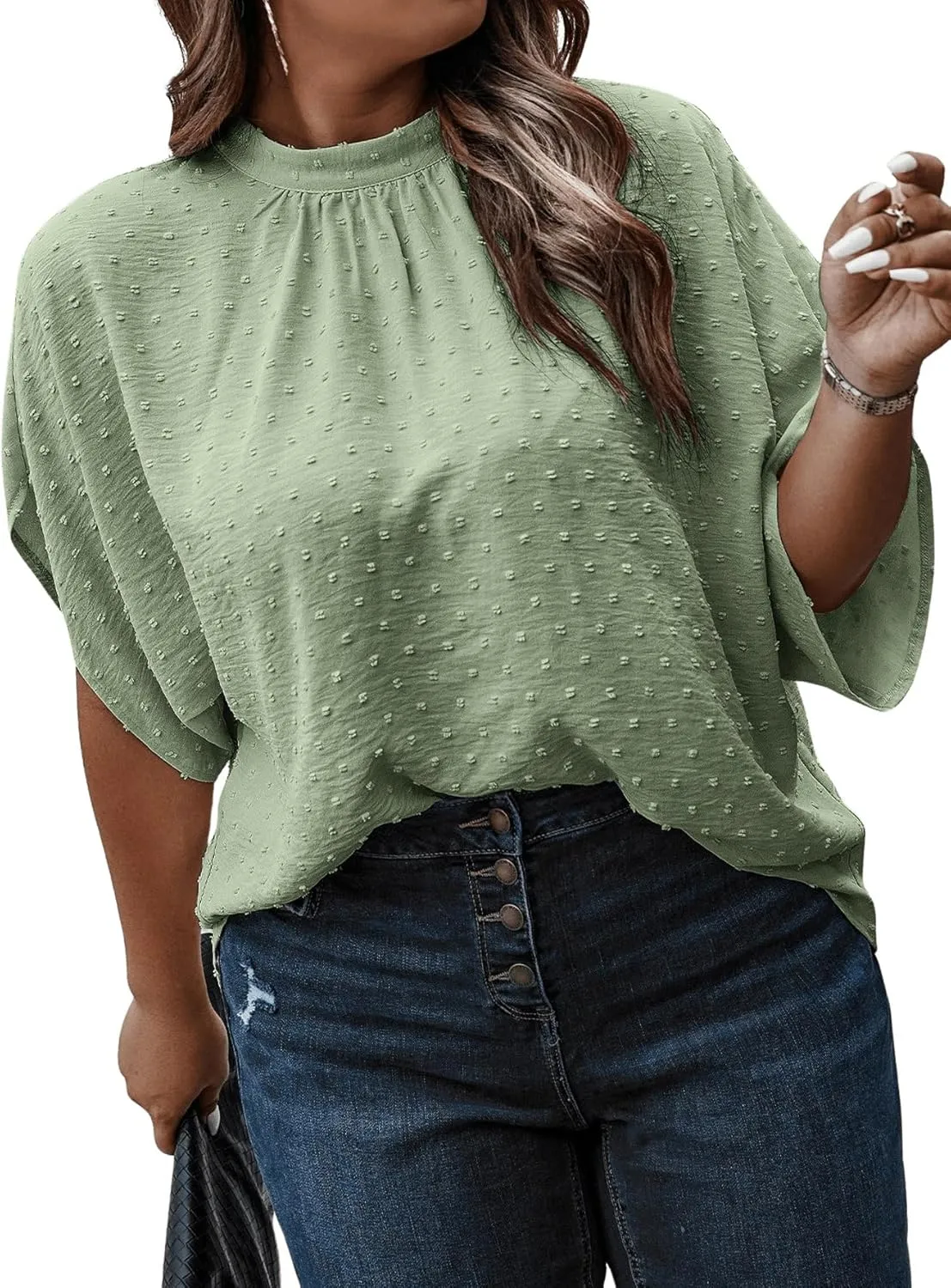 SOLY HUX Women's Plus Size Swiss Dots Blouse Mock Neck Half Sleeve Tie Back Tops