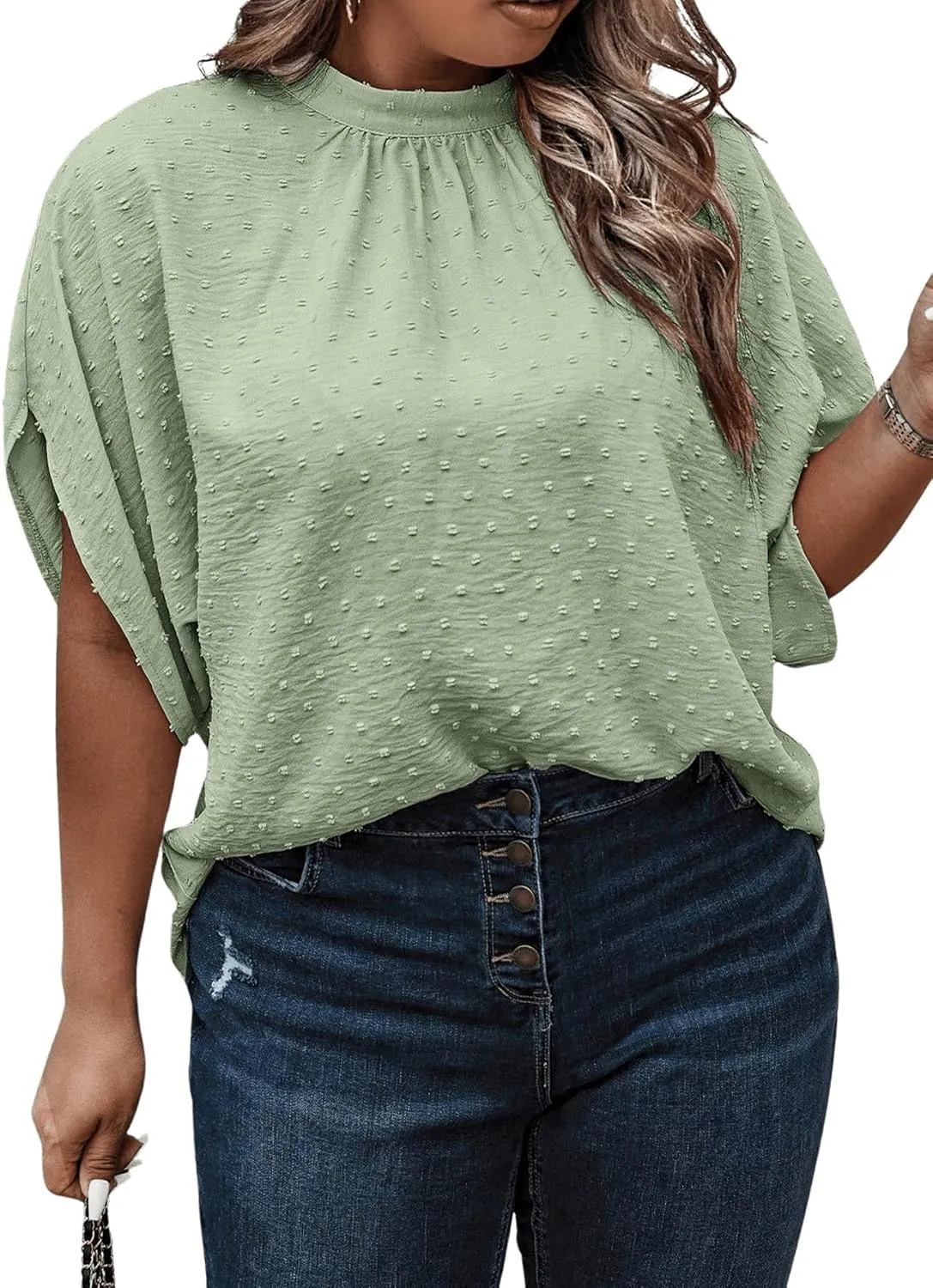 SOLY HUX Women's Plus Size Swiss Dots Blouse Mock Neck Half Sleeve Tie Back Tops