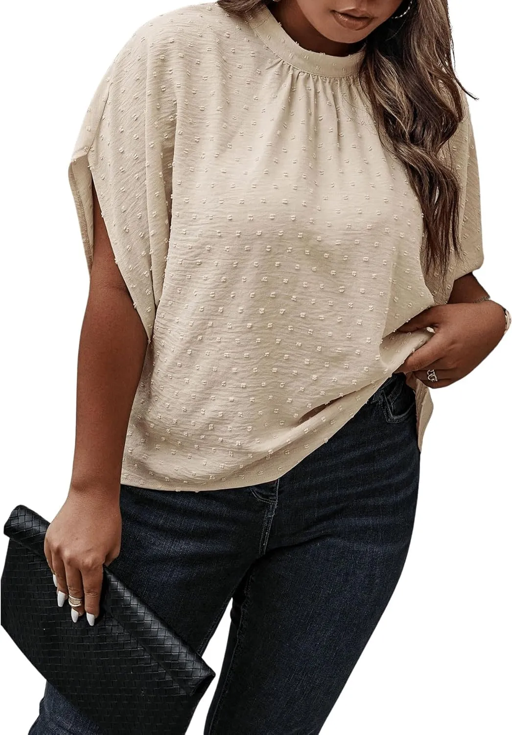 SOLY HUX Women's Plus Size Swiss Dots Blouse Mock Neck Half Sleeve Tie Back Tops
