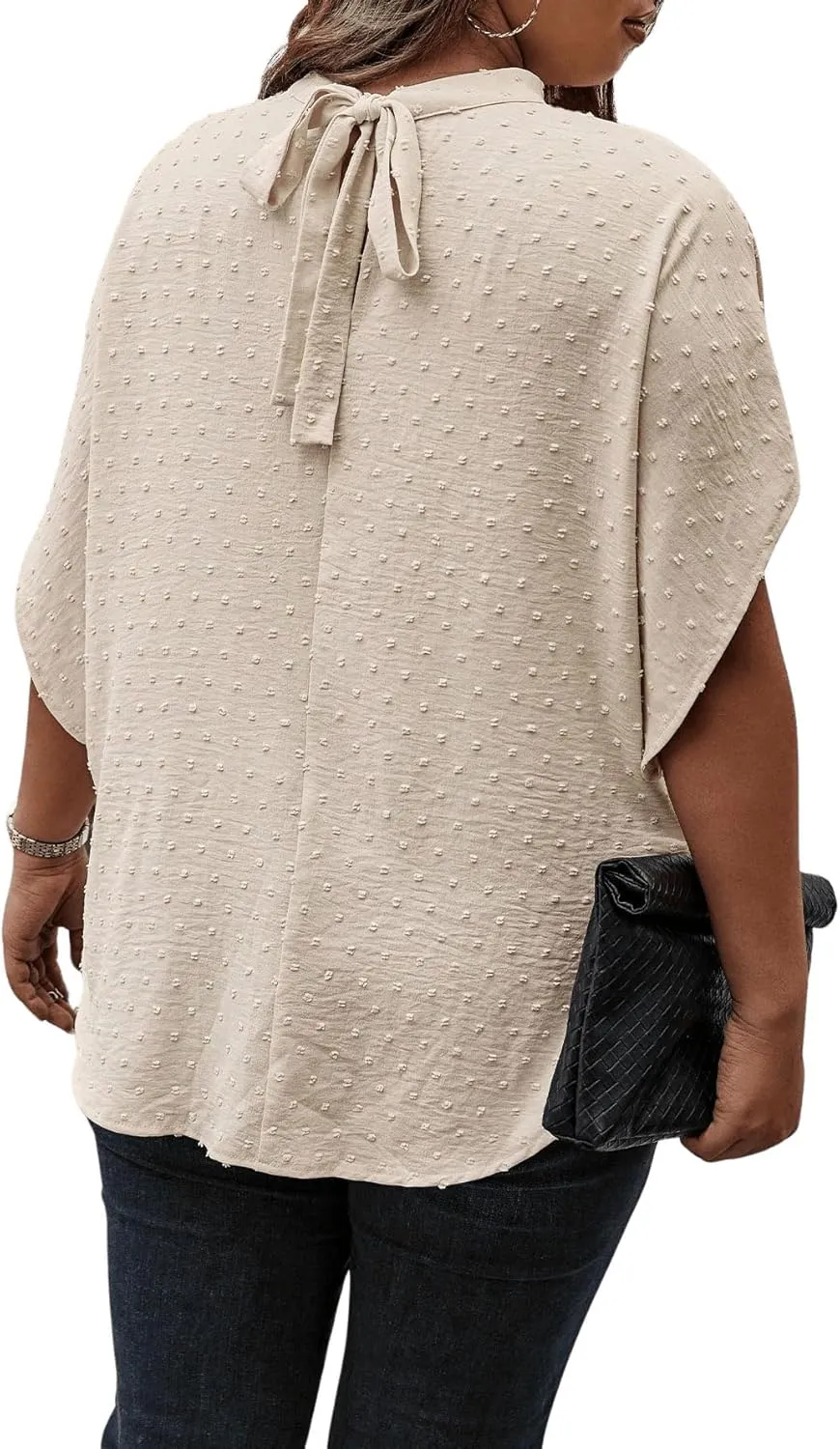SOLY HUX Women's Plus Size Swiss Dots Blouse Mock Neck Half Sleeve Tie Back Tops