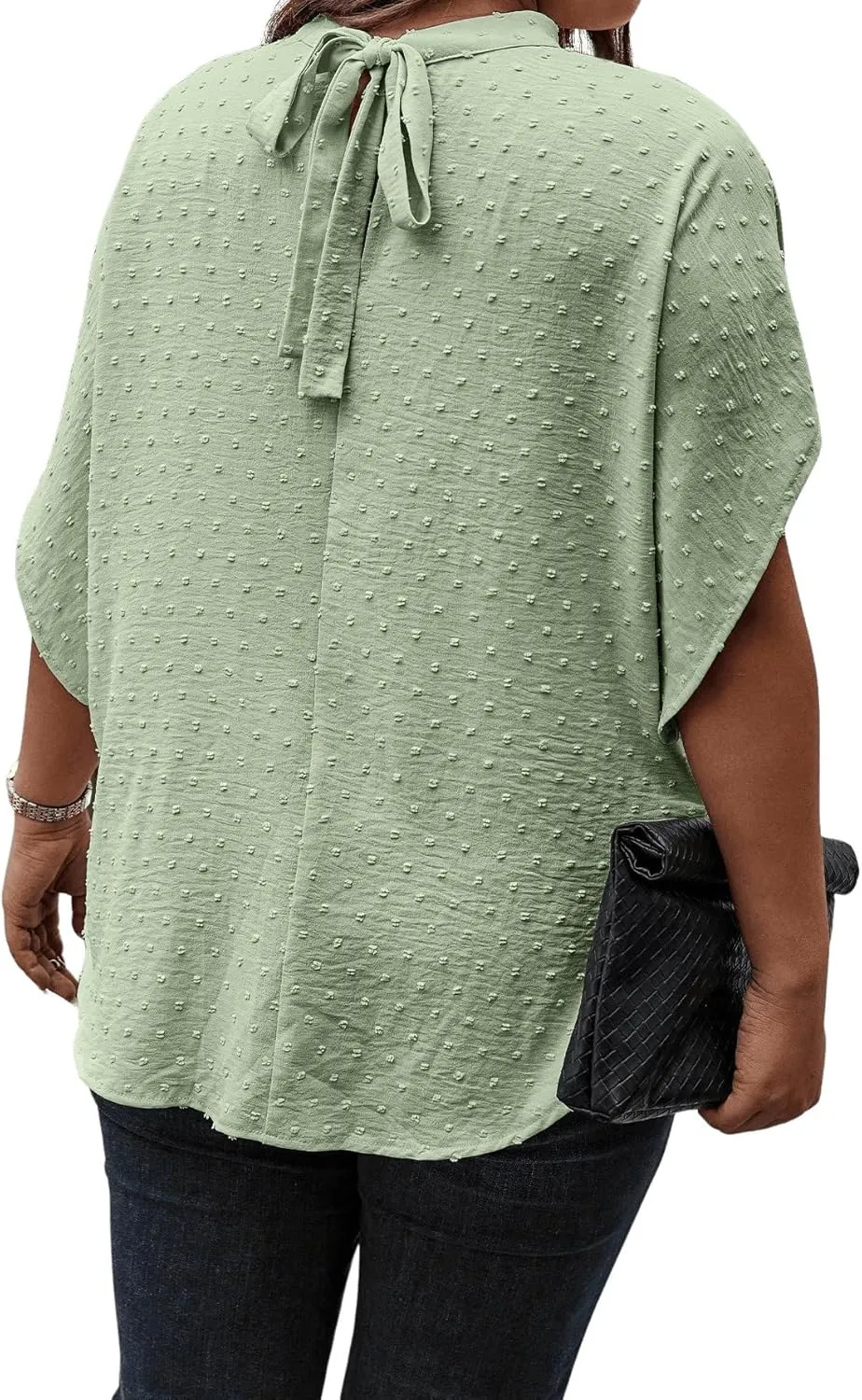 SOLY HUX Women's Plus Size Swiss Dots Blouse Mock Neck Half Sleeve Tie Back Tops
