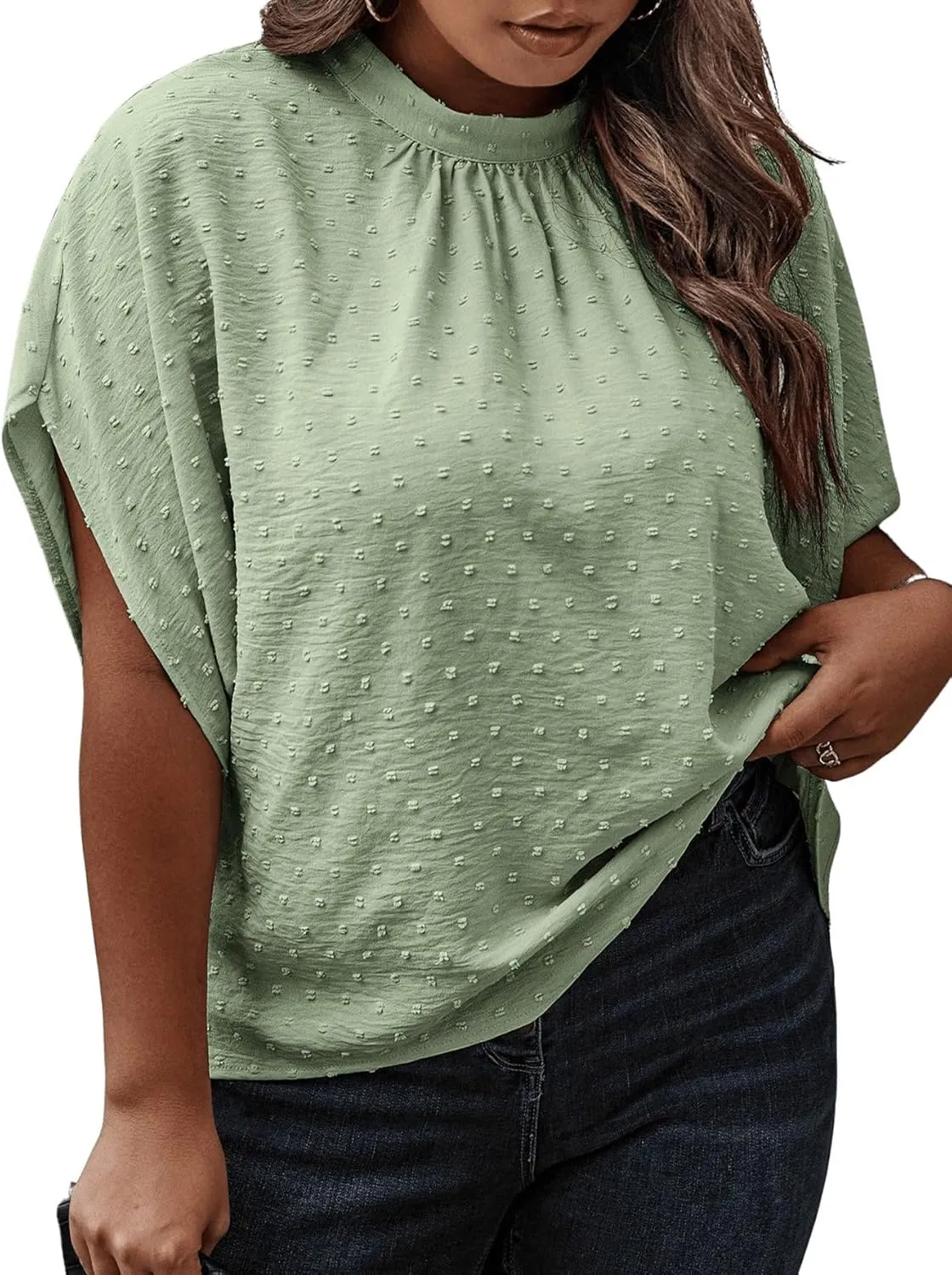 SOLY HUX Women's Plus Size Swiss Dots Blouse Mock Neck Half Sleeve Tie Back Tops