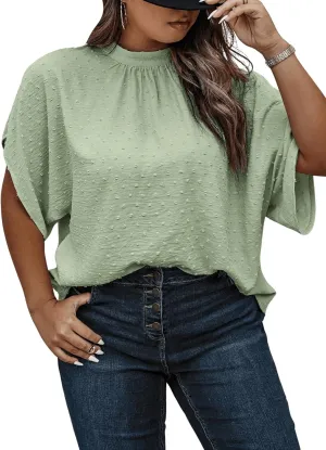 SOLY HUX Women's Plus Size Swiss Dots Blouse Mock Neck Half Sleeve Tie Back Tops