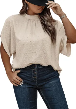 SOLY HUX Women's Plus Size Swiss Dots Blouse Mock Neck Half Sleeve Tie Back Tops