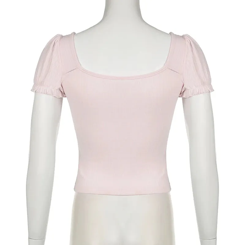 Sweet Pink Lace Trim Ruched Summer T shirt Women Bow Cutecore Korean Fashion Cropped Top Solid Square Neck Korean Tee