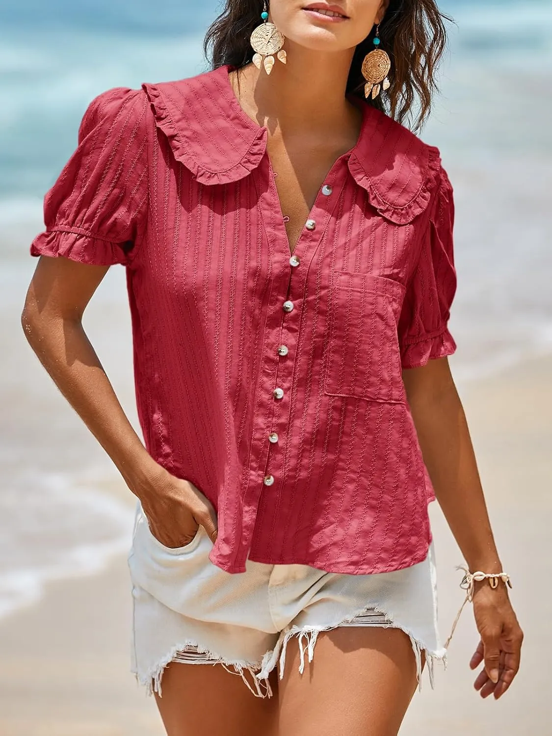 Tankaneo Womens Puff Sleeve Shirts Peter Pan Collar Button Down Cotton Blouse Casual Summer Textured Tops