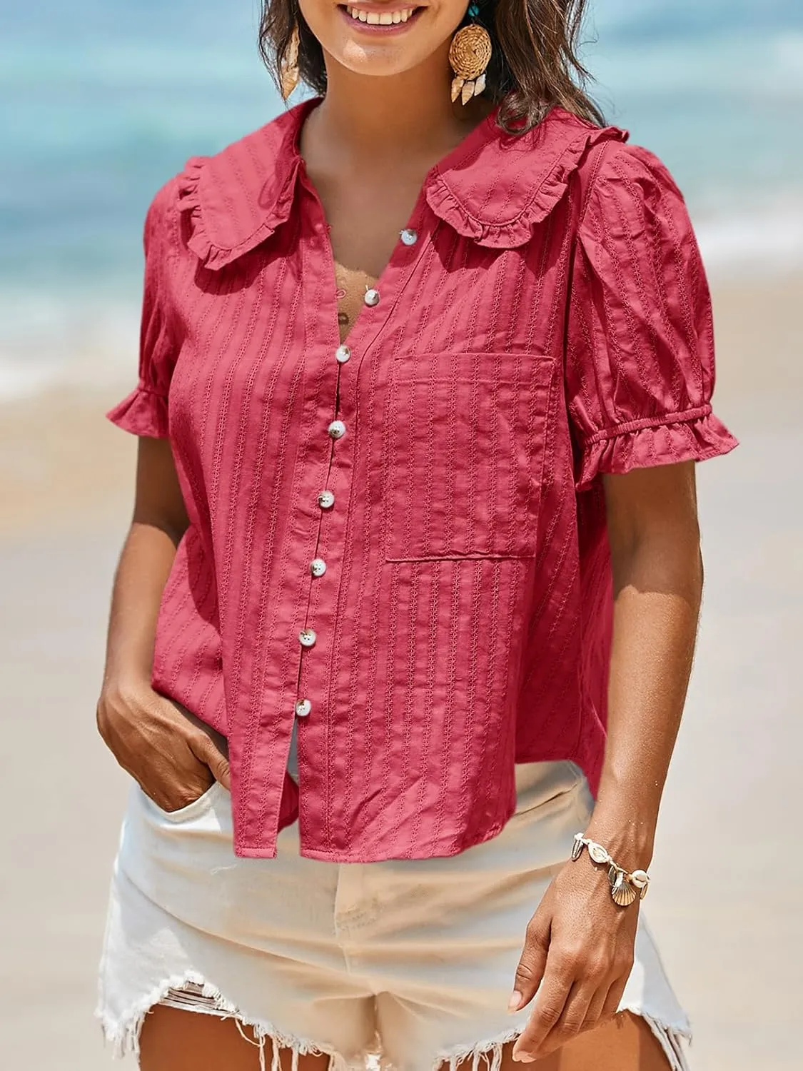 Tankaneo Womens Puff Sleeve Shirts Peter Pan Collar Button Down Cotton Blouse Casual Summer Textured Tops