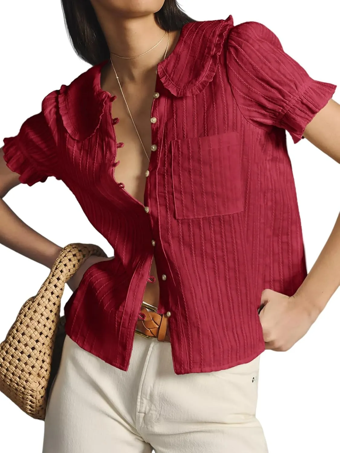 Tankaneo Womens Puff Sleeve Shirts Peter Pan Collar Button Down Cotton Blouse Casual Summer Textured Tops