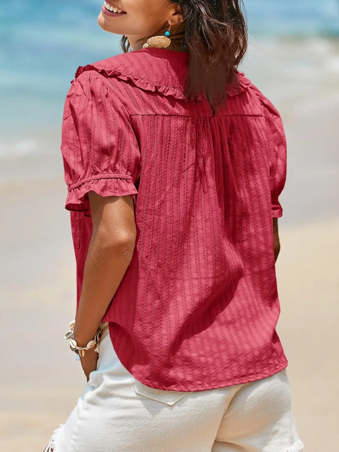 Tankaneo Womens Puff Sleeve Shirts Peter Pan Collar Button Down Cotton Blouse Casual Summer Textured Tops