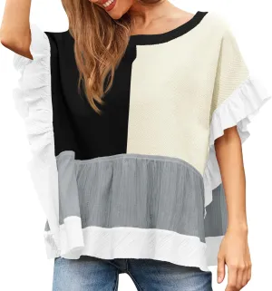 Tankaneo Womens Ruffle Batwing Sleeve Tops Summer Casual Color Block T-Shirts Loose Fit Peplum Babydoll Blouse