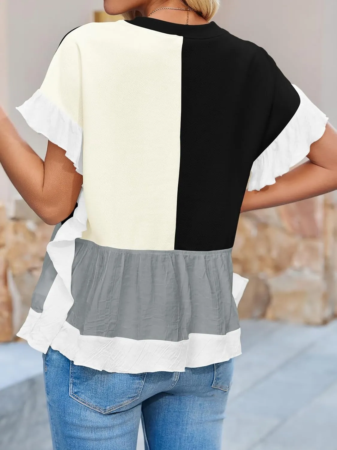 Tankaneo Womens Ruffle Batwing Sleeve Tops Summer Casual Color Block T-Shirts Loose Fit Peplum Babydoll Blouse
