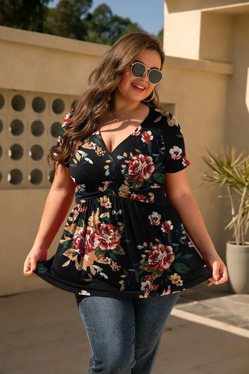 TIANZHU Women's Plus Size Dressy Tops Wrap Shirt Short Sleeve Tunic Top V Neck Low Cut Cute Blouse
