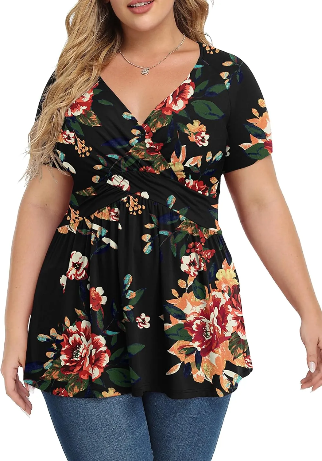 TIANZHU Women's Plus Size Dressy Tops Wrap Shirt Short Sleeve Tunic Top V Neck Low Cut Cute Blouse