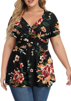TIANZHU Women's Plus Size Dressy Tops Wrap Shirt Short Sleeve Tunic Top V Neck Low Cut Cute Blouse