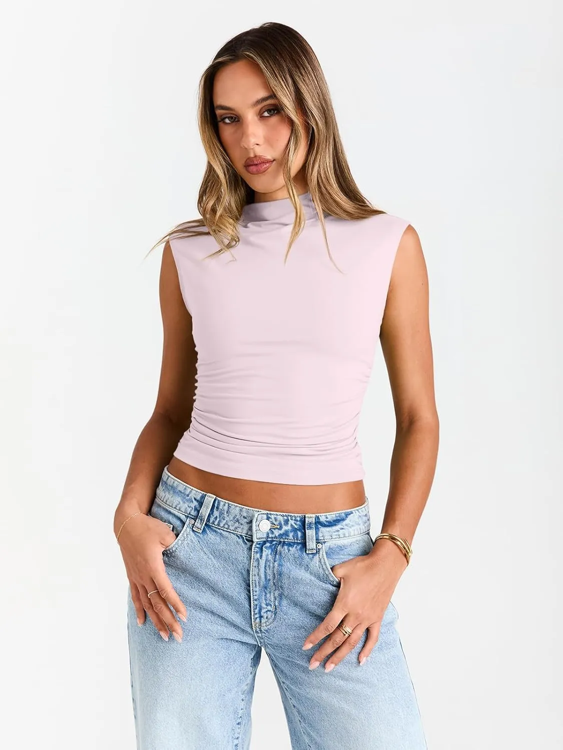 Trendy Queen Women's Going Out Basic Tank Tops Mock Neck Spring Clothes Sleeveless Cute Shirts Summer Y2K Sexy Outfits 2025