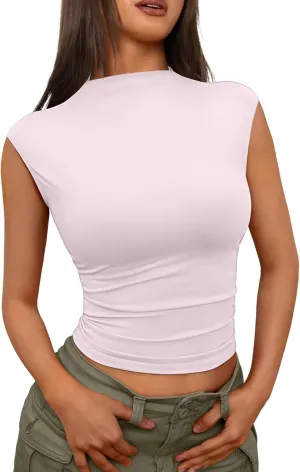 Trendy Queen Women's Going Out Basic Tank Tops Mock Neck Spring Clothes Sleeveless Cute Shirts Summer Y2K Sexy Outfits 2025