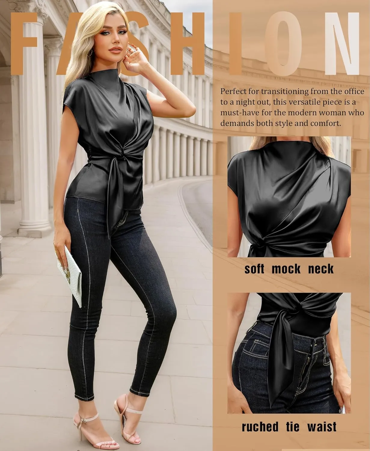 VIDUSSA Womens Dressy Casual Tops - Silk Satin Work Blouse Mock Neck Cap Sleeve Ruched Tie Front Peplum Tunic Shirts