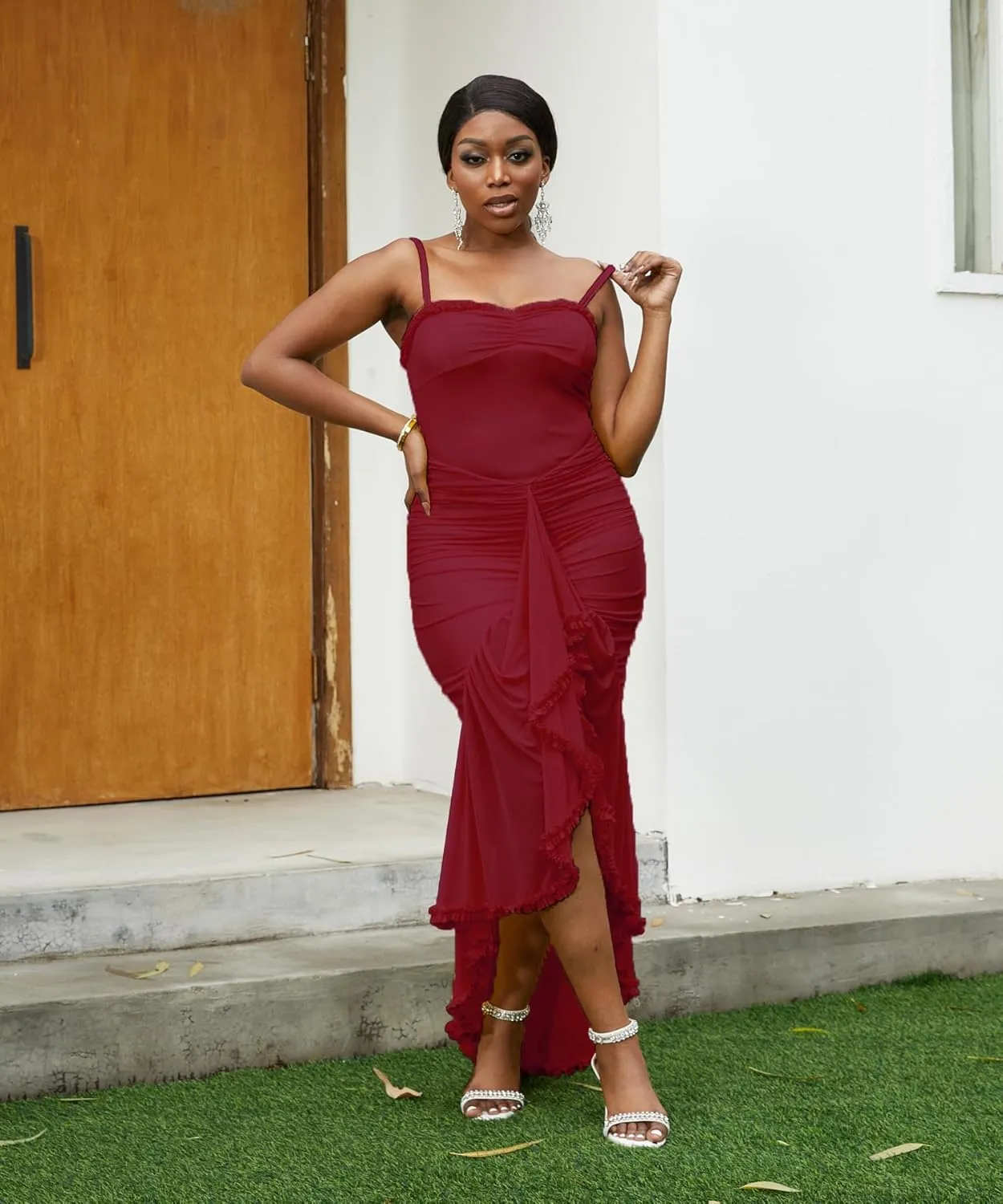 Voghtic Women's Sexy Ruched Mesh Ruffle Hem Bodycon Wedding Guest Dress Spaghetti Strap Slit Party Cocktail Maxi Dresses